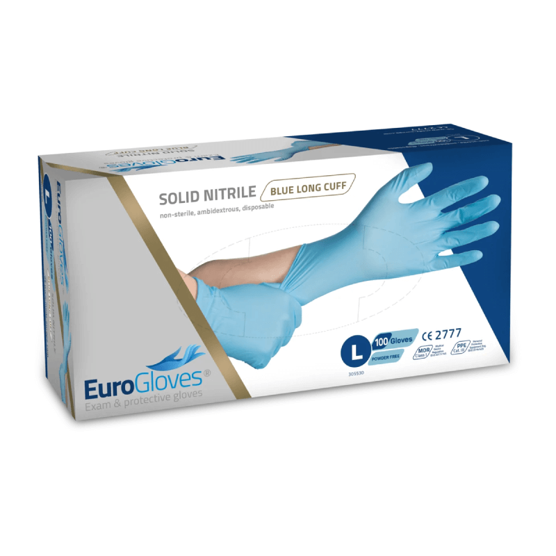 Handschoenen EuroGloves Solid-Nitrile Lange Manchet Blauw 100st.